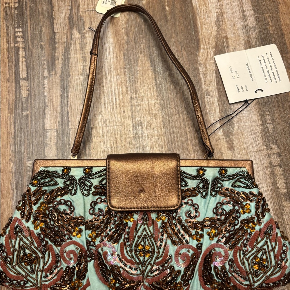 ✨ SANTI Beaded Evening Bag – Aqua & Bronze – NWT Made in India ✨